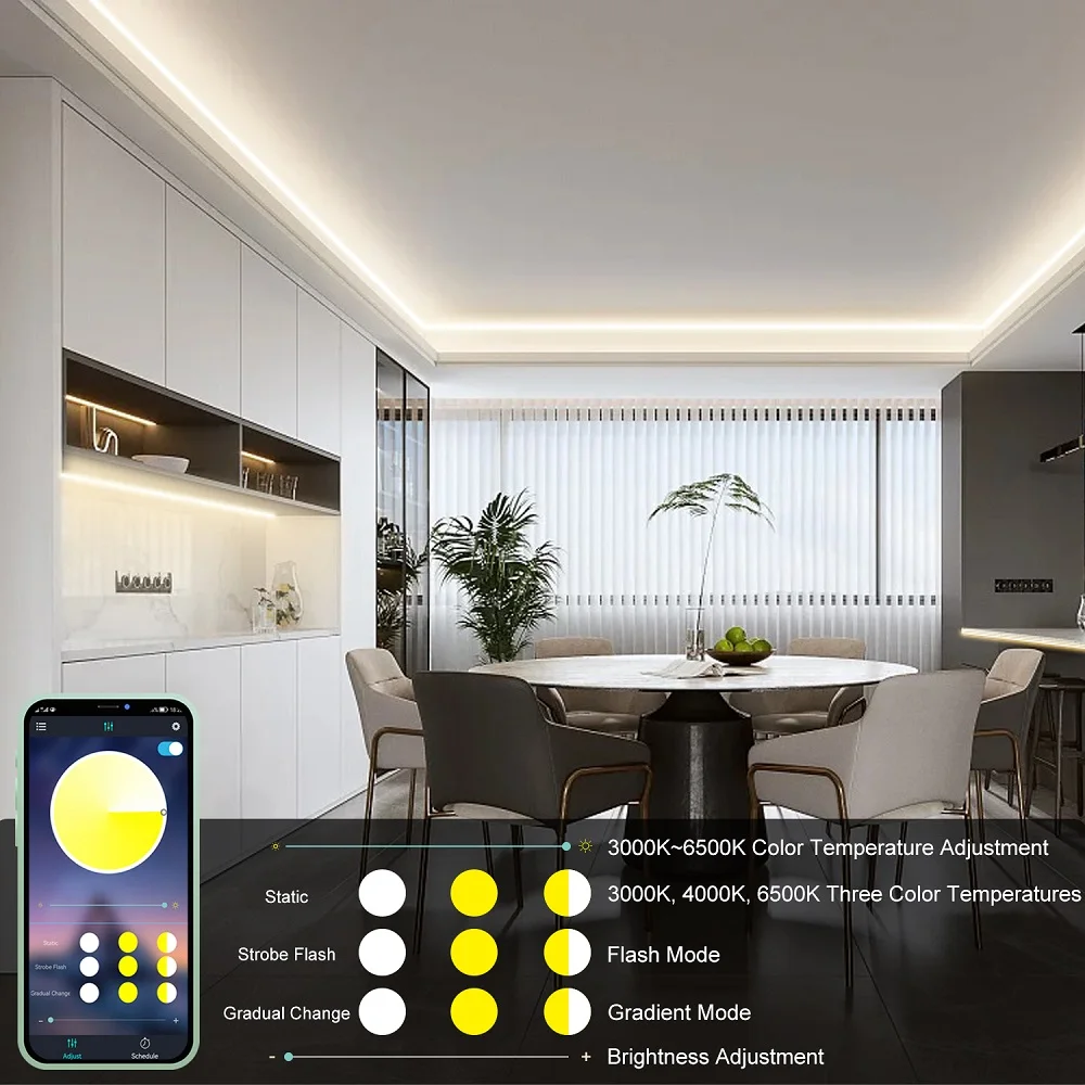 Imagem -03 - Cob Led Strip Light para Quarto Bluetooth Smart App Cozinha e Decoração do Quarto Luz Ajustável 576leds m 2m5m dc 24v 3000k6500k