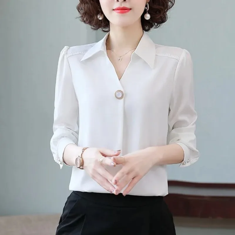 Spring Autumn Women\'s Solid Color Pullover Turn-down Collar Beaded Lantern Long Sleeve Chiffon Shirt Elegant Formal Chic Tops