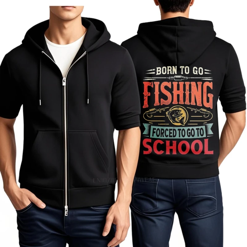 プリント入り春用パーカー-釣りに行くために生まれた-学校に行くために強制された-男性用ファッション-ジップアップ-ジッパー付きスウェットシャツ-プルオーバー-アニメ-春