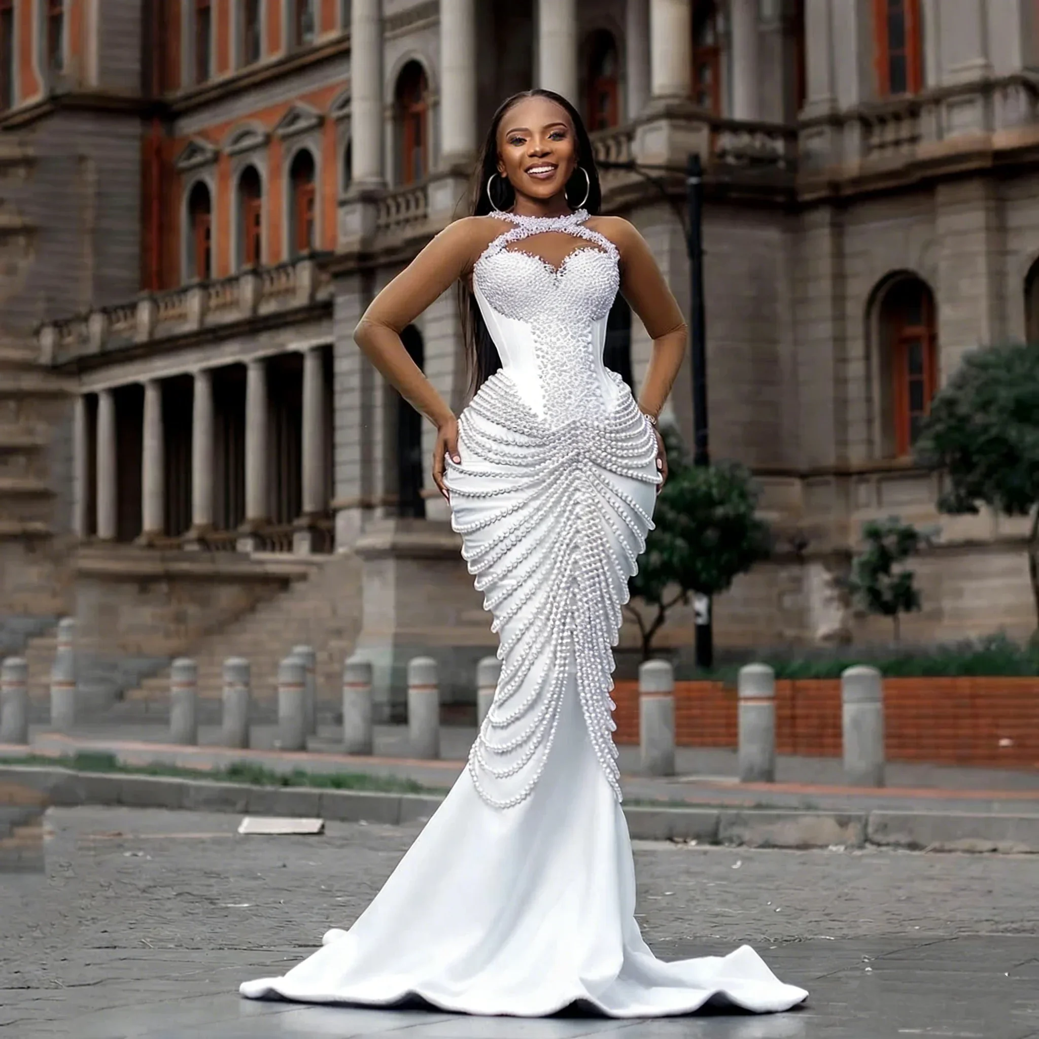 

Customized Gorgeous Pearl Mermaid Wedding Dress Long Sleeve Sweetheart Bride Dress Long Tail Luxury Tight corset Prom Dresses