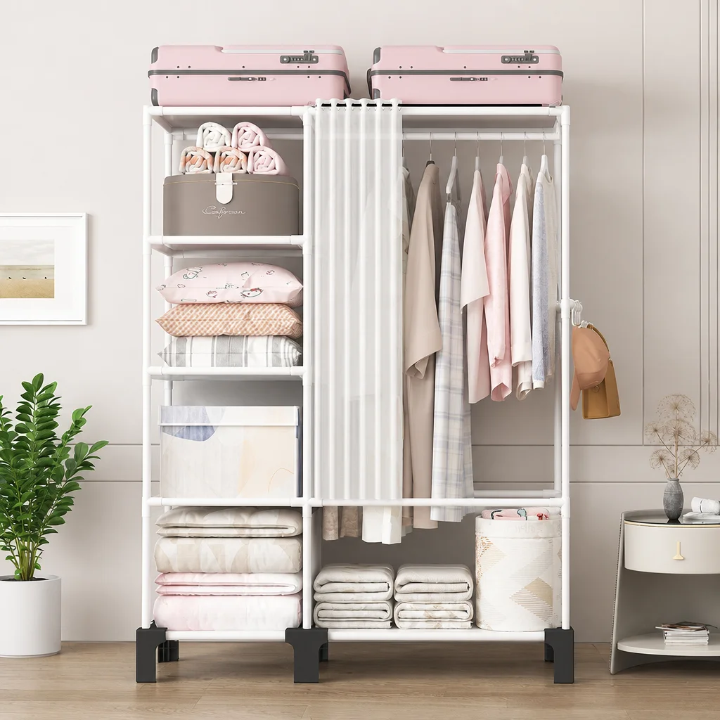 Freestanding Garment Rack with Dustproof Cover, Multi-Tier Clothes Storage Wardrobe with Side Hooks