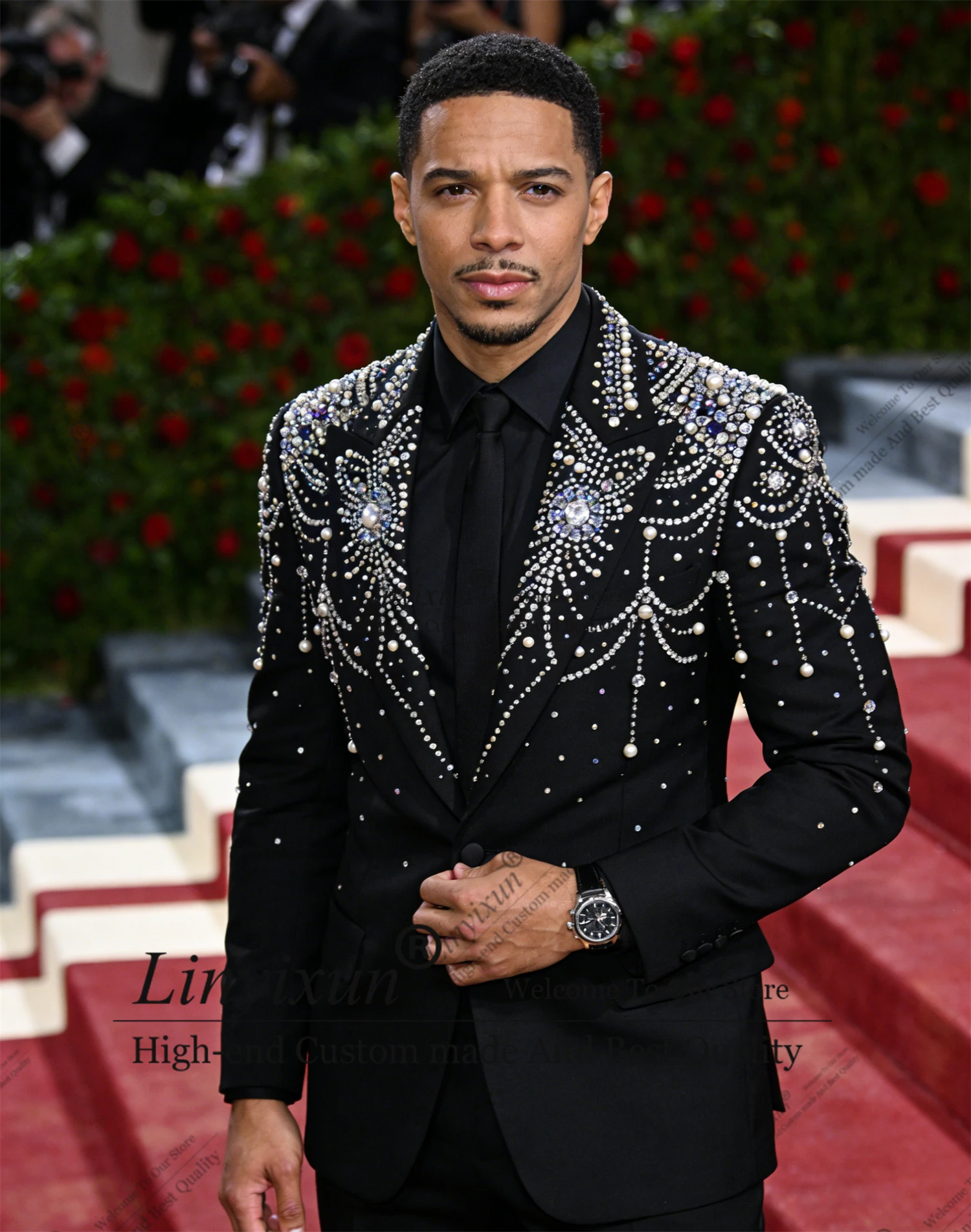 

Elegant Rhinestones Crystals Men Suits 2 Pieces Sets Male Party Prom Blazer Customized Ropa Hombre Handsome Slim Groom Tuxedos
