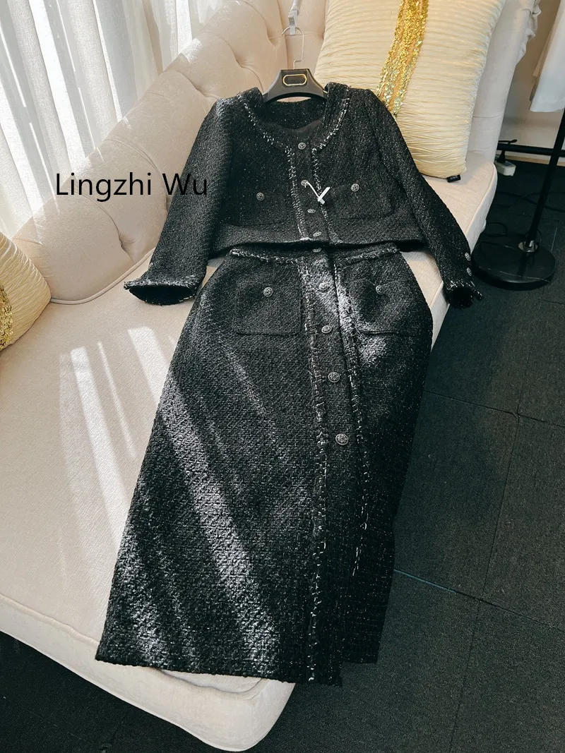 Lingzhi Wu French Vintage Elegant Top Quality Black Ladies Skirt Set Korean Blazer Long Skirts Suit New Arrival