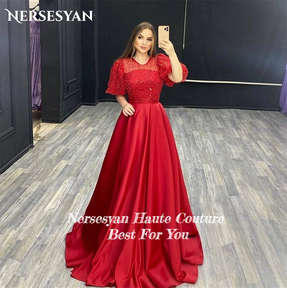 Nersesyan Red Glitter Formal Evening Dresses Pearls A-Line Short Puffy Sleeves Prom Dress Sparkly Pageant Sequins Party Gowns