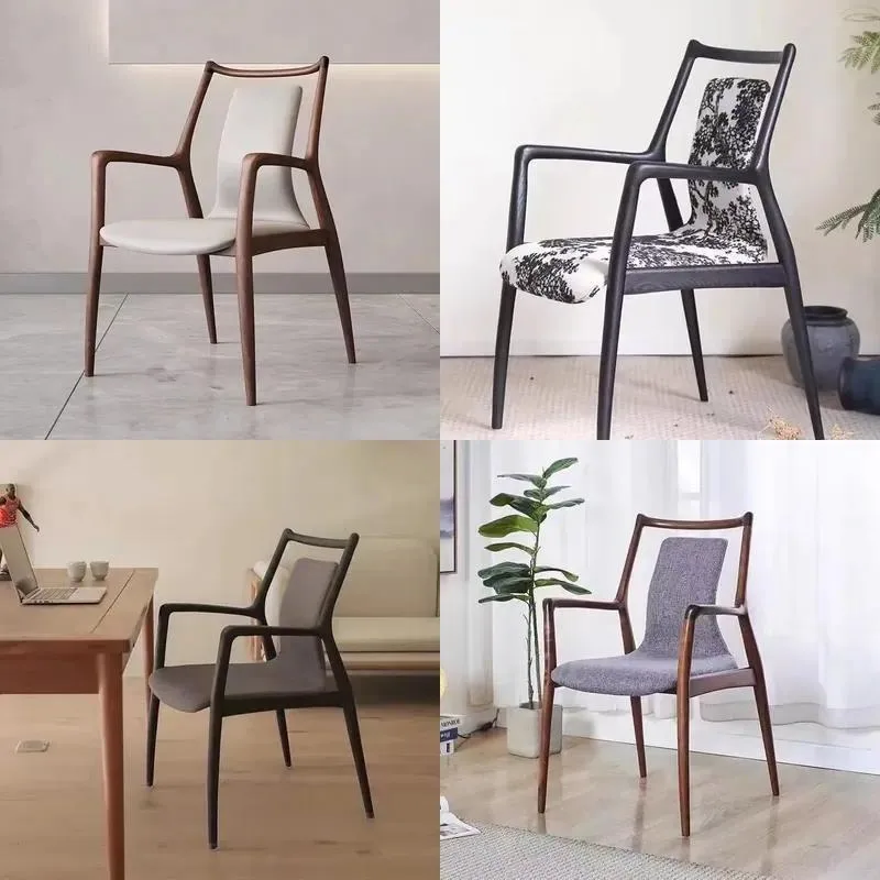 Grey Solid Wood Dining Chair with Leather Fabric Seat and Armrests for Hotel Home Restaurant Modern Comfortable Furniture