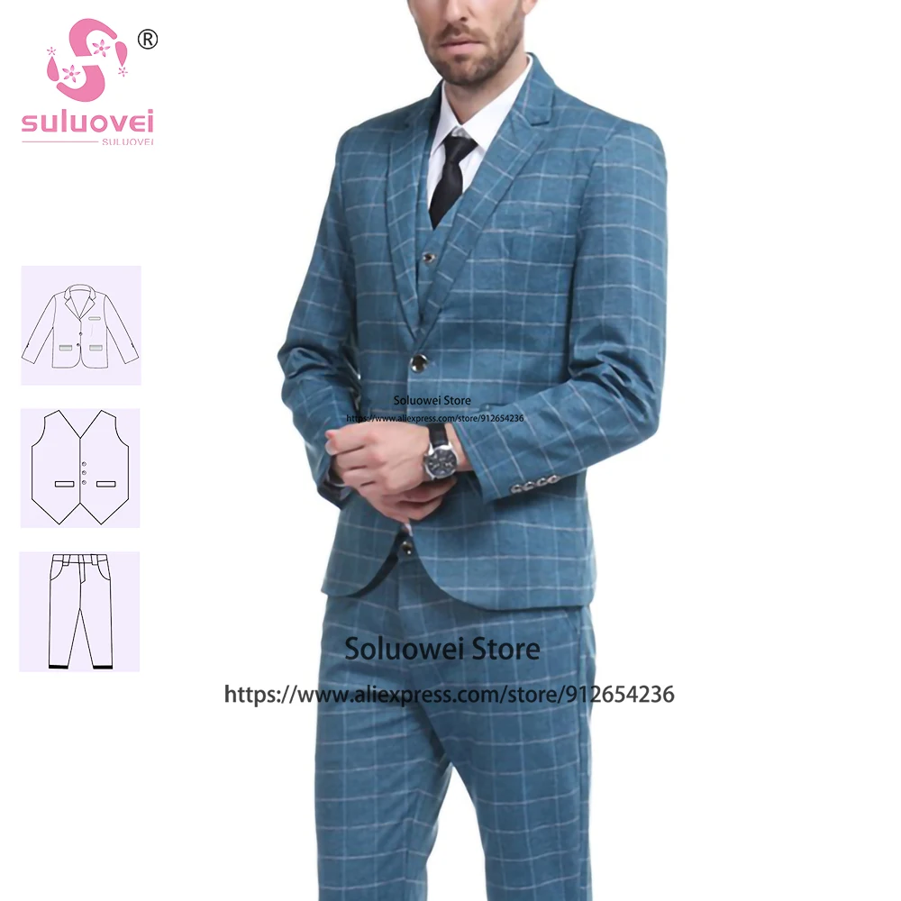 

Fashion Plaid Suits For Men Slim Fit Customized 3 Piece Pants Set Grooms Wedding Check Tuxedos Blazer Costume Homme Pour Mariage