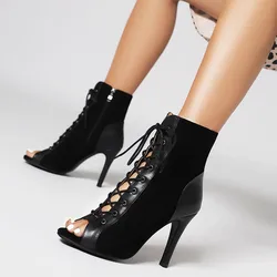 New High Quality Jazz Dance Shoes for Women's Sexy Red Heels Ankle Boots Peep Toe Zipper Indoor Dancing Sandals
