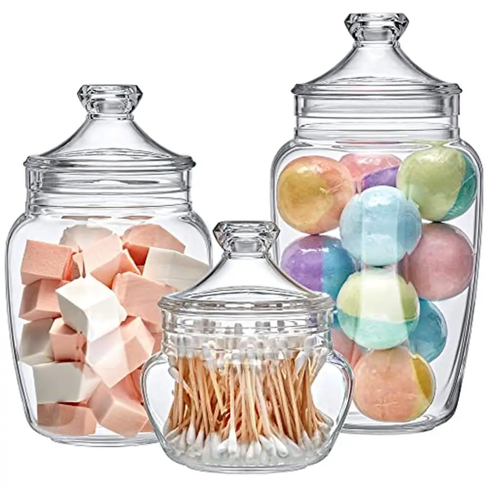 

Bathroom Canisters Set 3-Piece Acrylic Apothecary Jars Vanity Storage Organizer BPA-Free Shatter-Proof Cotton Balls Bath