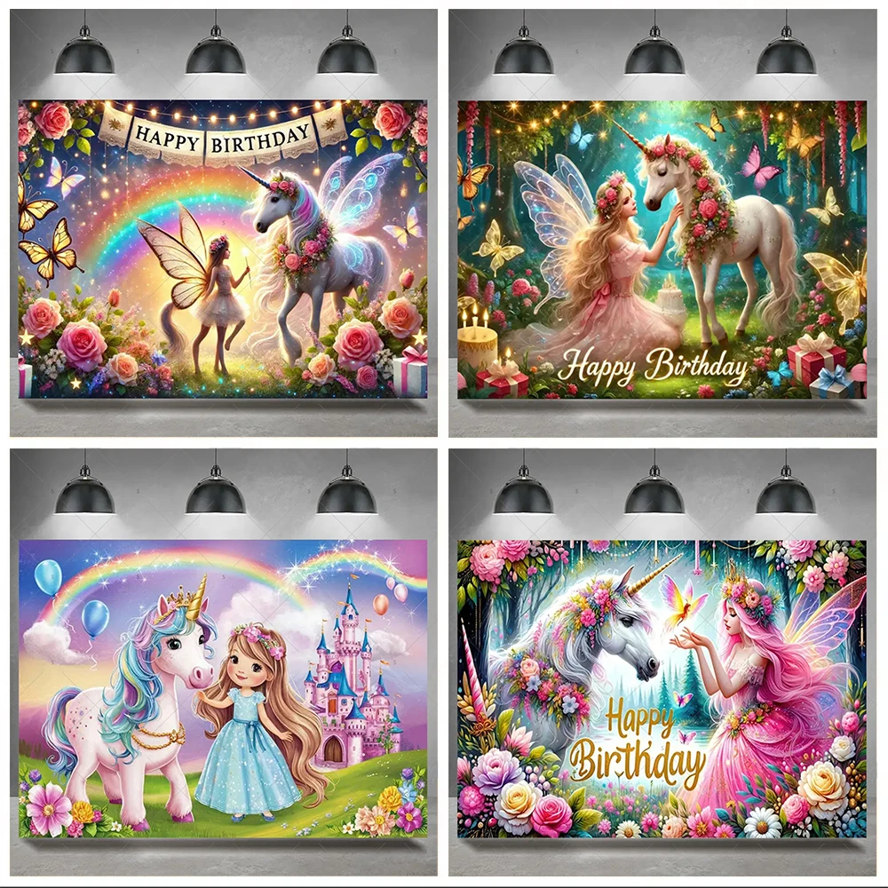 

Cartoon Magical Unicorn Background Kid Birthday Party Decoration Cute Elf Princess Rainbow Backdrops Banner Baby Shower Supplies
