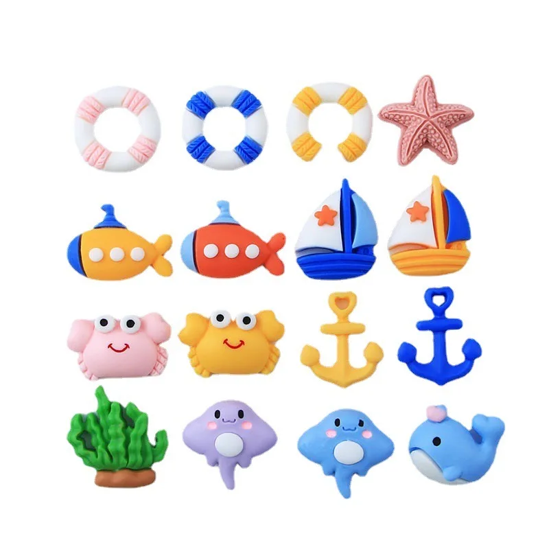 Dijes de animales marinos Kawaii, Mini barcos de vela de espalda plana, estatuilla de submarino de ballena de cangrejo, suministros de manualidades