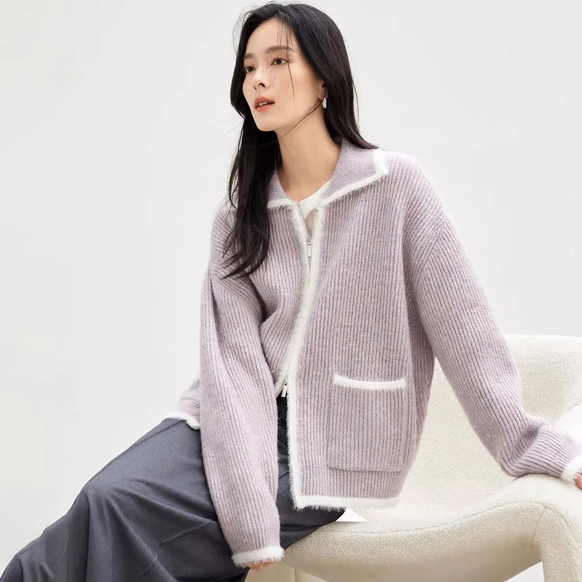 

Cardigan Sweaters Women Knitted Faux Mink Fur Jumpers Color Blocked Pocket Zipper Turn Down Collar Casual 2025 Autumn Winter