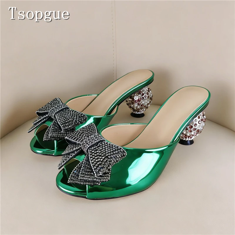 

Bling Rhineston Bow Knots Women Slippers Patent Leather Peep Toe Crystal Ball Heel Mules Fashion Wedding Party Dress Sandals