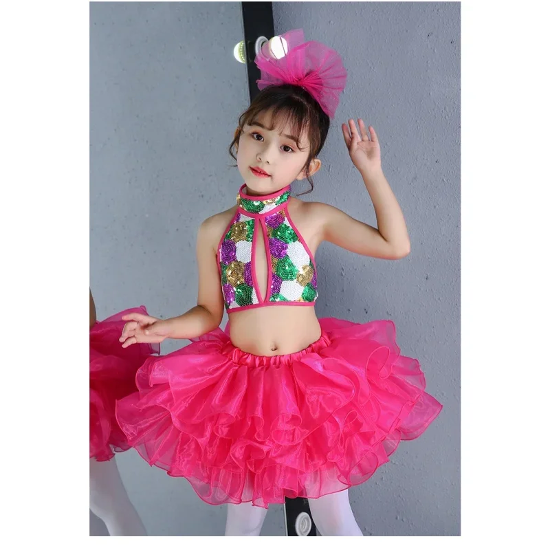 3PCS Girls Modern Jazz Ballet Latin Dance Costume Outfit Kid Sleeveless Shiny Sequins Crop Top with Tassel Skirted Set Dancewear