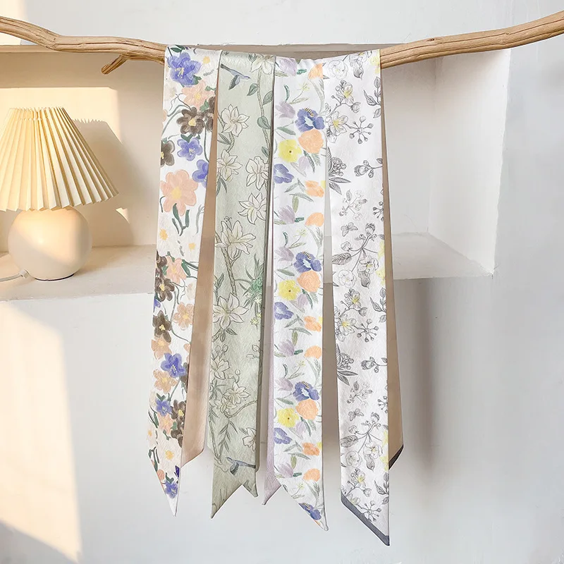 

Floral Silk Scarf Versatile Temperament Long Strip Hair Tie Bag Decorative Streamer Double-sided Printed Small Scarf