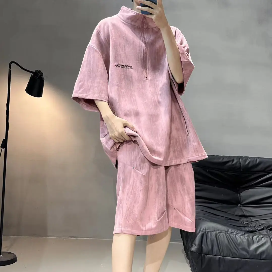 

Tie-Dye Print Dark Niche Sports Suit For Couples Unisex American Casual Sleeve Shorts Two-Piece Set Trendy Clothes Men Pink