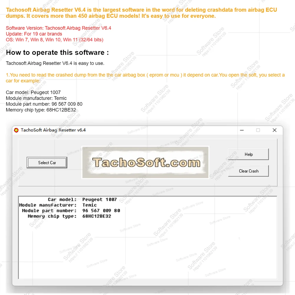 Tachosoft Airbag Resetter 6.4 delete crashdata from airbag ECU dumps show Memory chip type 19 car brands 50 airbag ECU models