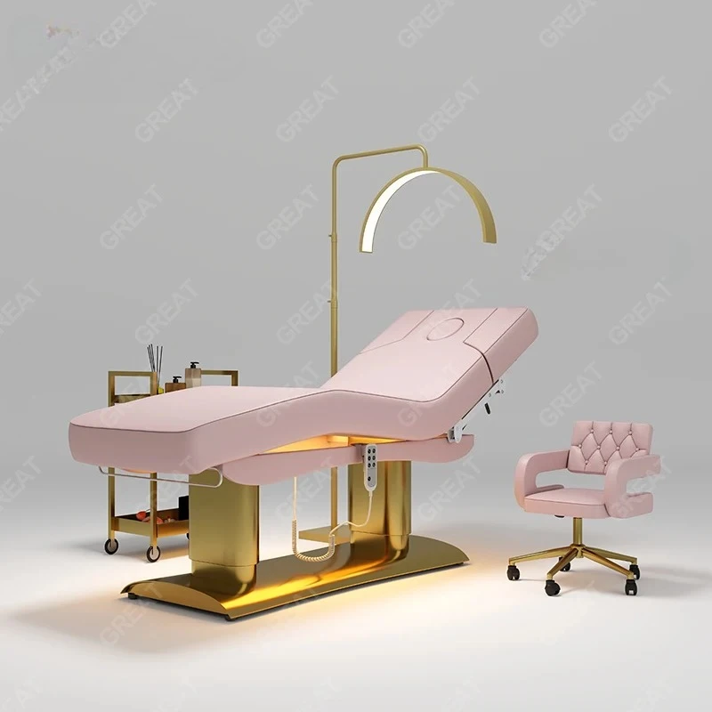 

Hot Sale Beauty Salon Furniture Golden Base pink Leather 4 Motors Electric Adjustable Massage Table and Bed