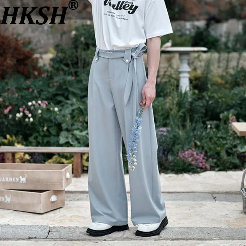 

HKSH French Simple Draped Summer New Man's Tide Vintage Suit-Pants Loose Belted Niche Design Korean High Street Chic Ins HK8471