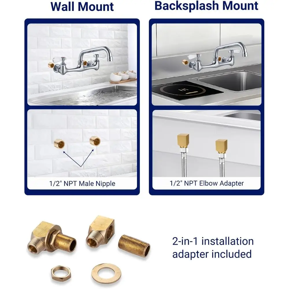 8. Настенный смеситель для коммерческой мойки с поворотным изливом, 8-расширенный, с двойной ручкой, латунный смеситель для раковины для стирки и ресторана.