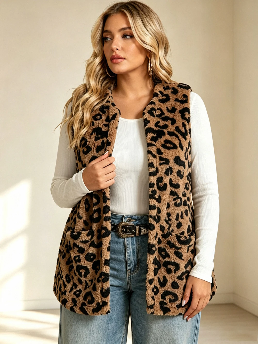 Plus-Size Women's Casual Plush Textured Double-Pocket Front-Opening Leopard Print Vest, Suitable for Plus-Size Autumn Wear.