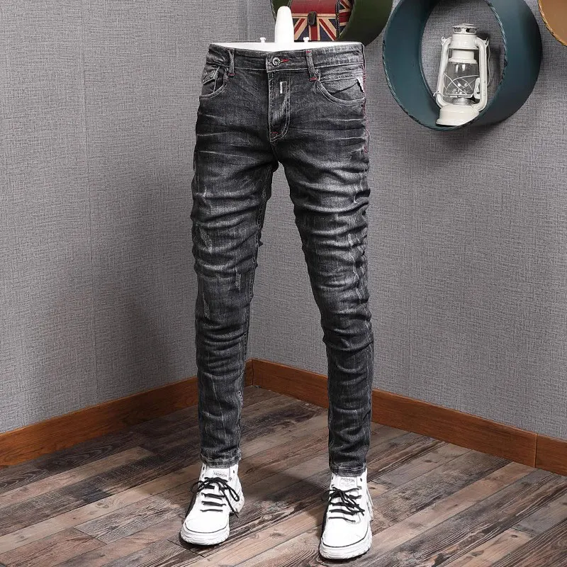 Italian Style Fashion Men Jeans Retro Washed Blue Stretch Slim Fit Ripped Jeans Men High Quality Vintage Designer Denim Pants