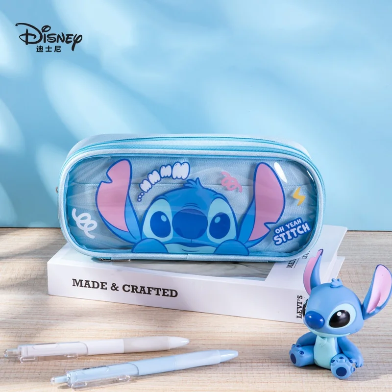 New Disney Stitch Pen Bag doppia scatola di cancelleria trasparente Cartoon astuccio per matite di grande capacità sacchetto di immagazzinaggio