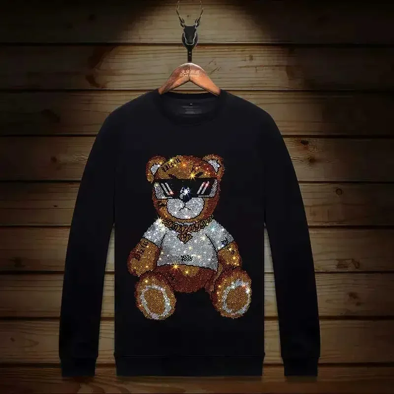 

Plus Size 2024 Bear Rhinestones T Shirts Men Top Fashion Streetwear O Neck Long Sleeve Slim Modal Cotton Tshirts Mens Clothing