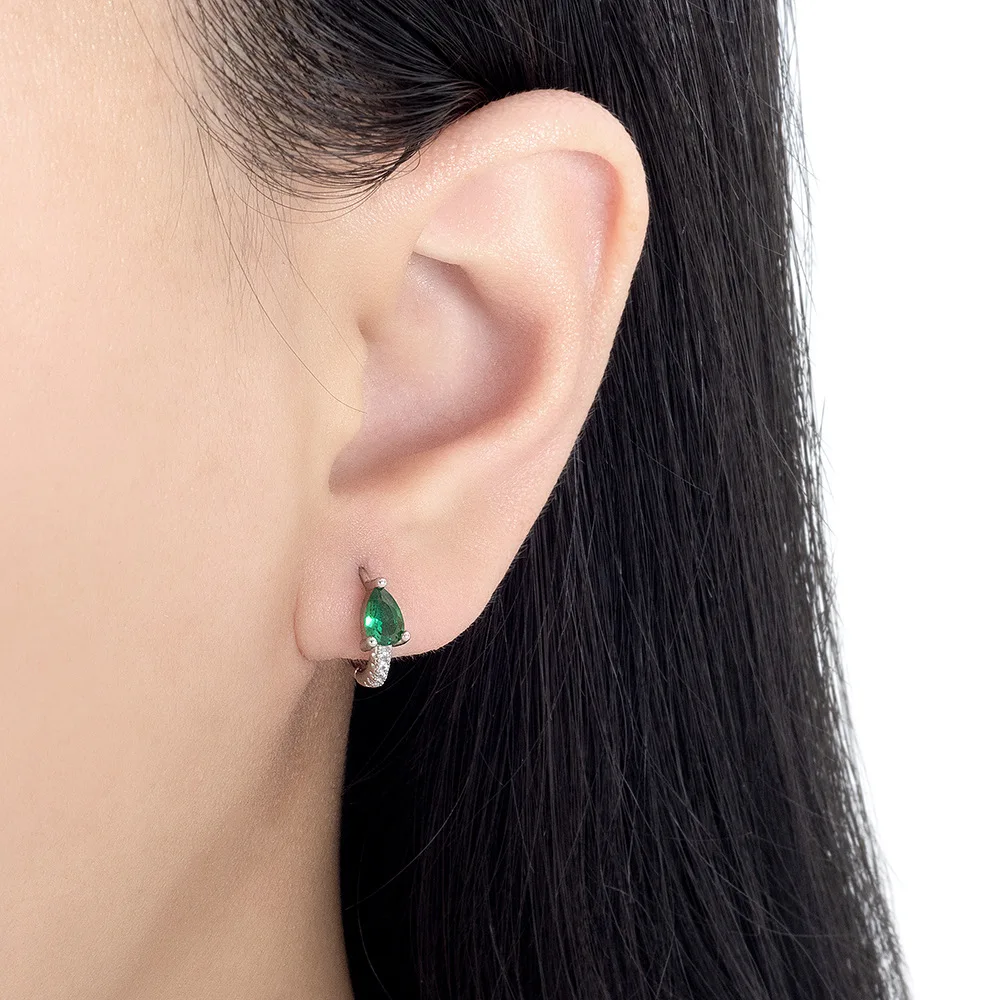 Pear Cut Green Simulated Nano Emerald 925 Sterling Silver Luxury Geometric Hoop Earring for Women Statement Gemstone Jewelry