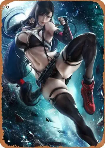 1e,Anime Metal Poster Anime figure poster metal tin sign Tifa pinup Wall Art Decor