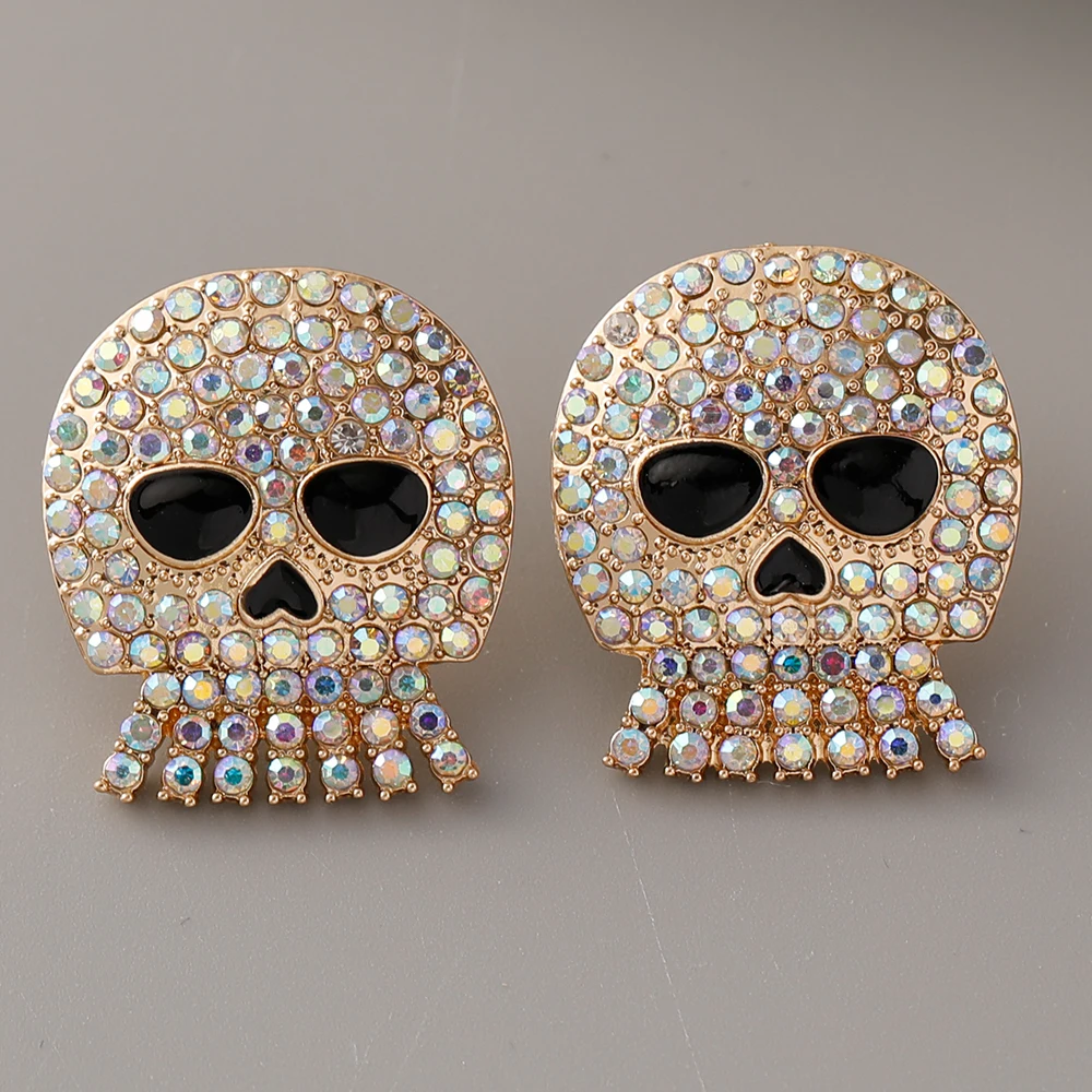 2024 New Halloween Skull Earrings Rhinestone Crystal Inlay Luxury Lady STUD Gift for Girlfriend