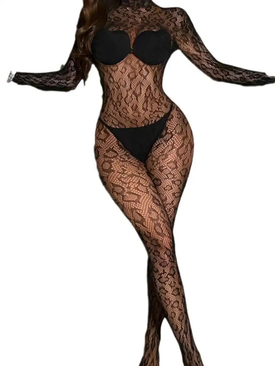 레오파드 프린트 여성의 섹시한 Fishnet 긴 소매 메쉬 고탄력 바디 슈트 백리스 딥 V 멜빵 민소매 Charming GESN
