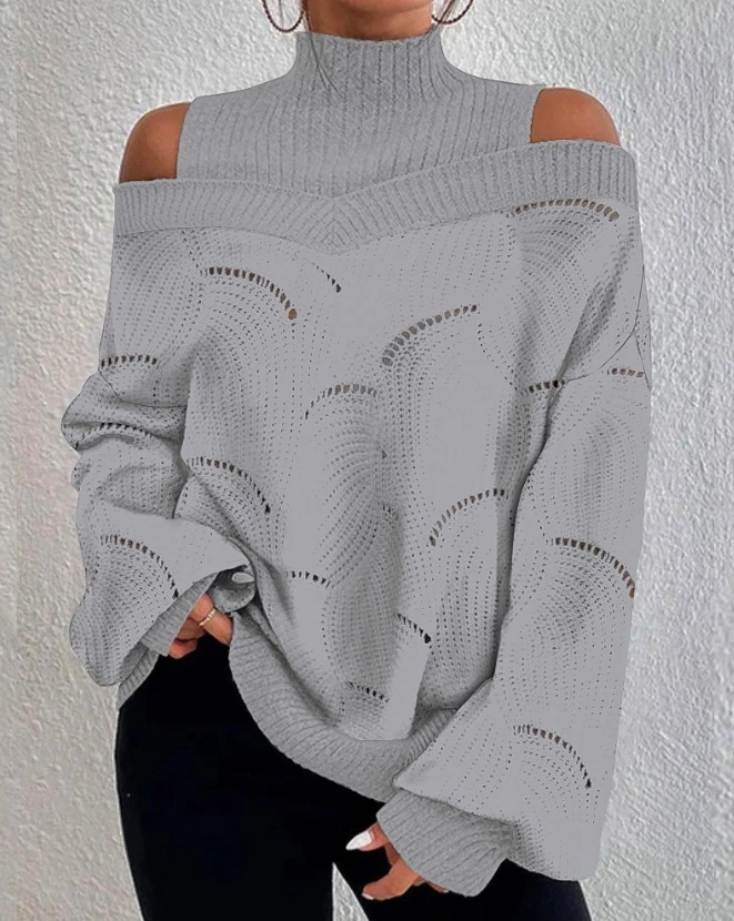 Women\'s Sweater Autumn Cold Shoulder Lantern Sleeve Hollow Out Casual Knit Plain Long Sleeve Loose Daily Pullover Sweater