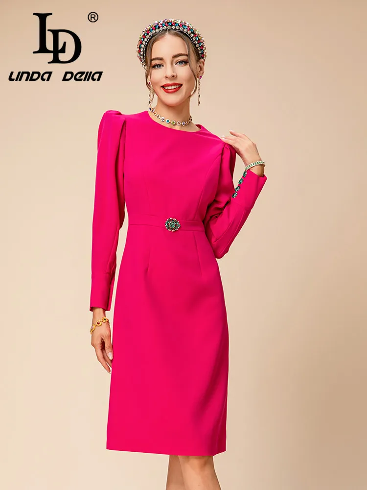 LD LINDA DELLA Autumn and Winter Runway Designer Vintage Dress Women's Long Sleeve High Waist Splice Slim Fit Dress