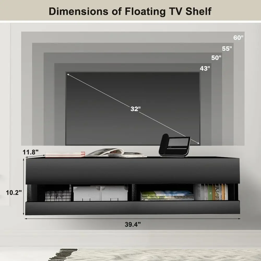 Floating TV Shelf Wall Mounted TV Stand, Floating Entertainment Center Under TV Shelf Floating Media Console with Storage Black