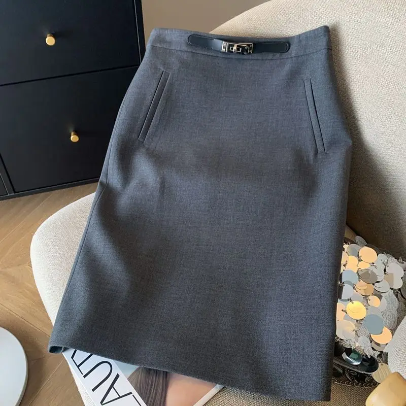 Women's Grey High Waist Pencil Skirt Metal Buckle Decorative Detail Belted Straight Midi Skirt Elegant Formal Office Workwear