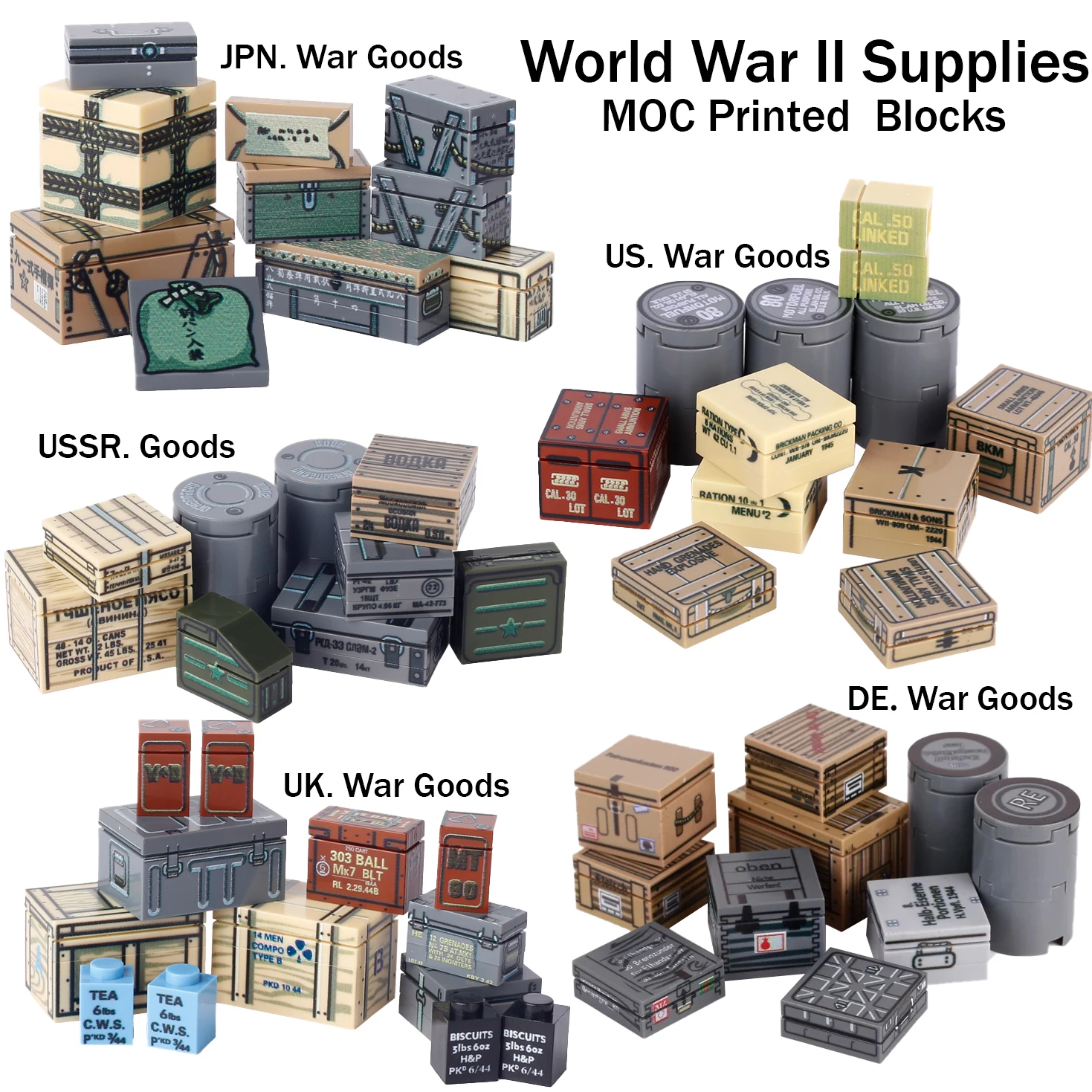 WW2 German Military Soldiers War Goods Printed Building Blocks Kit Weapons Army War Supplies Road Sign Food Bricks Toys Boys