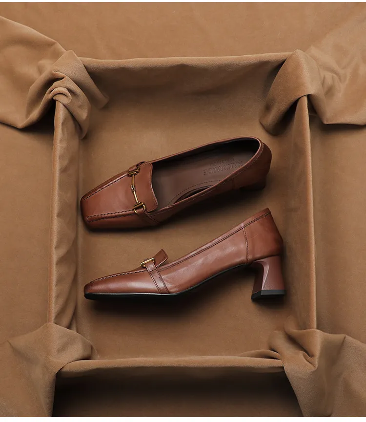 

Женские лоферы SHOEBOX из натуральной кожи с металлической пряжкой в стиле французского ретро, новинка весны 2026 года, с квадратным носком, низким вырезом и толстым каблуком