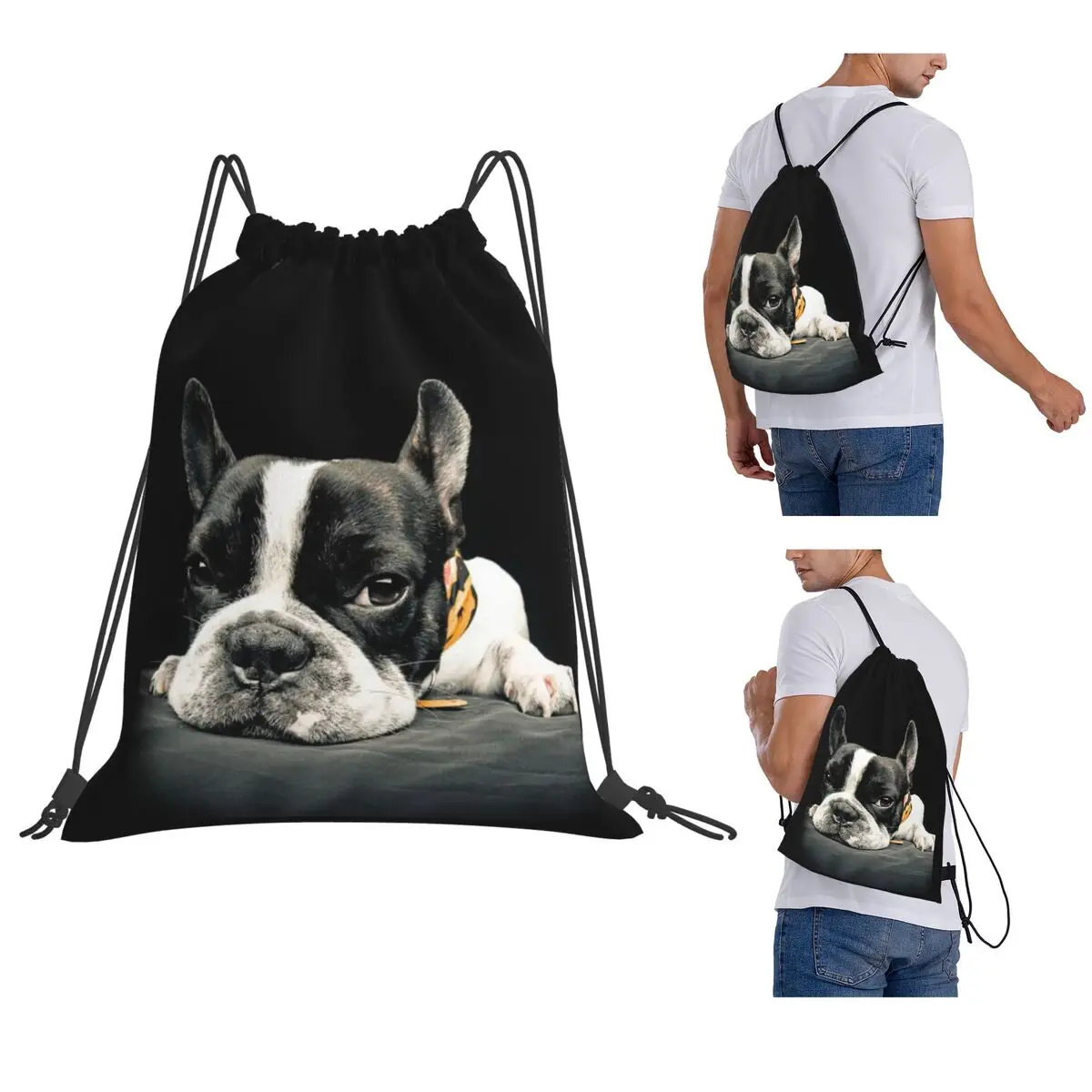 Black Boston Terrier Backpacks Fashion Drawstring Bags Sports Bag Book Bags for Travel Students