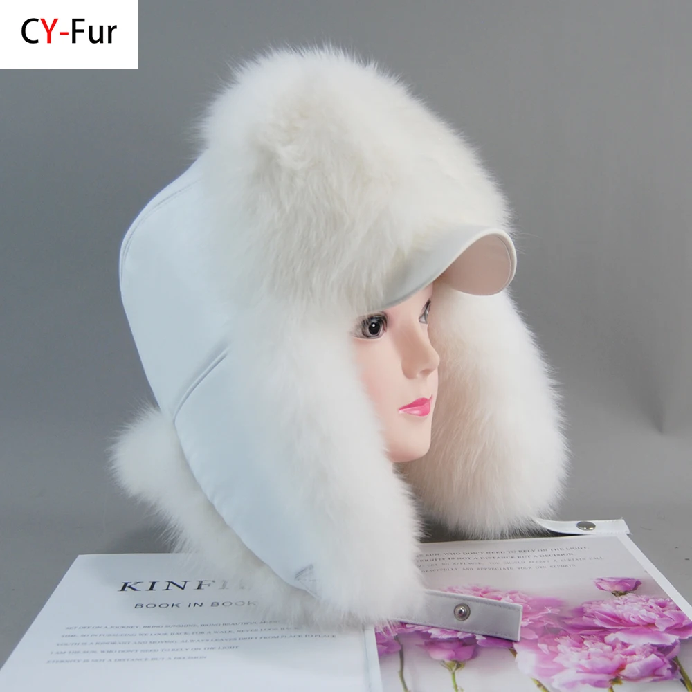 

Genuine Silver Fox Fur Hat with Ear Flaps Real Natural Fur Caps for Russian Women Bomber Hats Trapper Cap with Real Leather Top