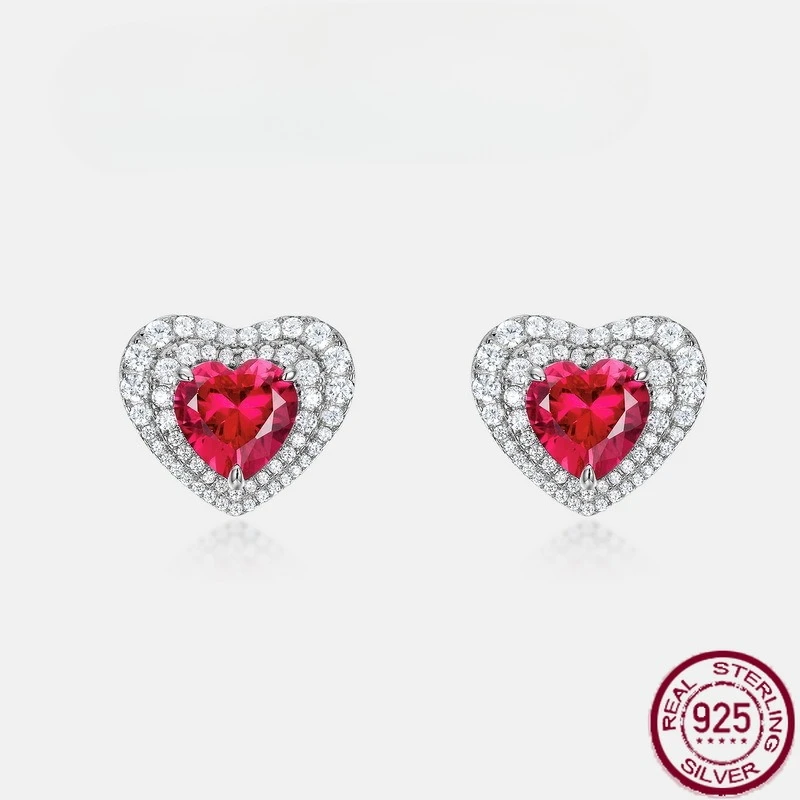 

New S925 pure silver heart shining red corundum inlaid with colorful jewelry, fashionable earrings, light luxury wedding jewelry
