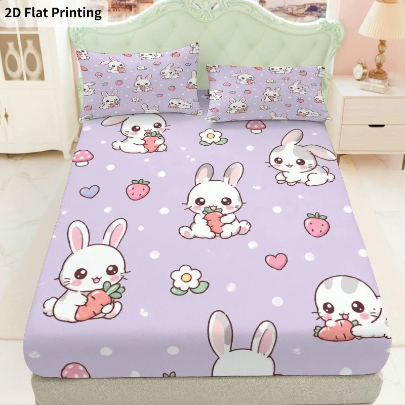 3Pcs Lavenderrabbit Fitted Sheet Three Piece Set (1*Fitted Sheet + 2*Pillowcases, Coreless), Bedding Set
