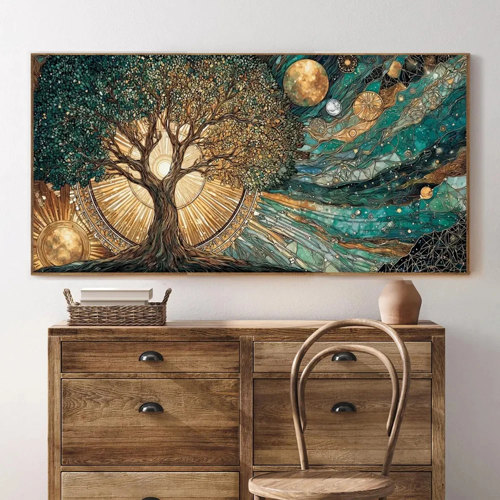 Celestial Tree of Life Canvas Painting Sun and Moon Cosmic Poster Print For Living Room Home Decor Abstract Tree Wall Art