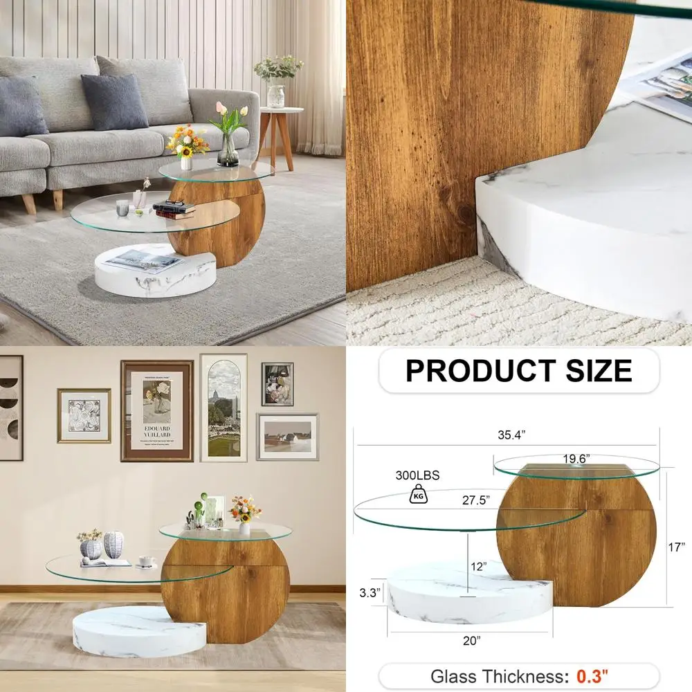 Round 3-Tier Glass Coffee Table with Modern Storage - Tempered Clear Glass Top and Wooden Base for Contemporary Living