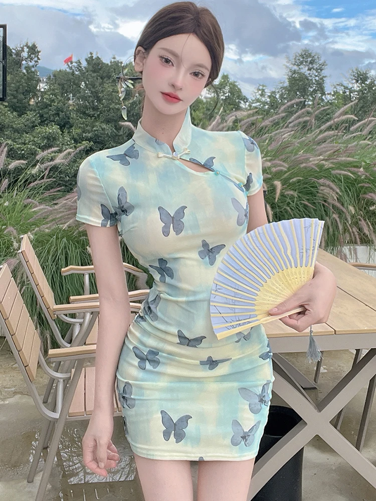 

Summer Print Mesh Short Sleeve Stand Collar Mini Dress Women Elegant Casual Home Dress 2026 Korean Bodycon Hip Wrap Short Dress