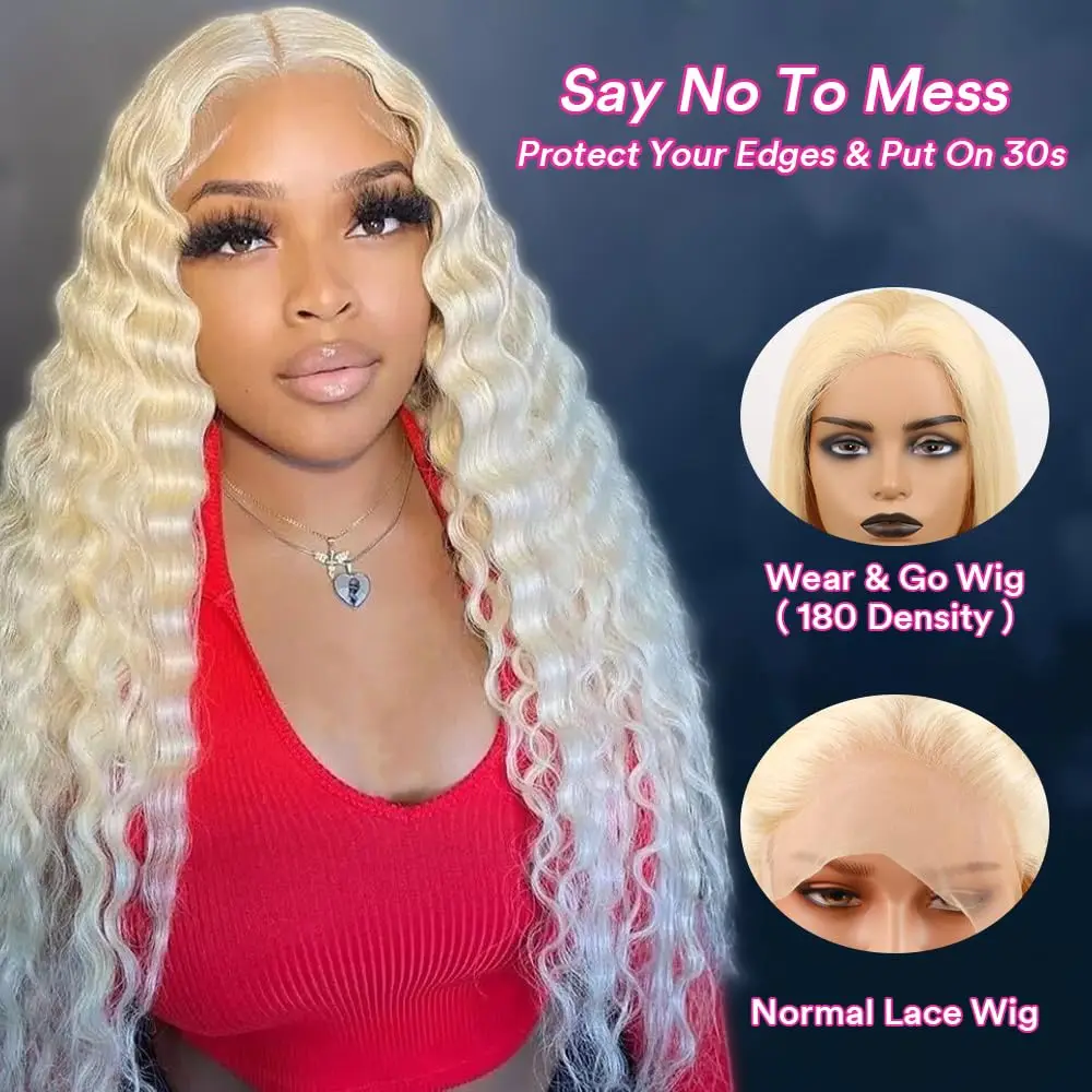 

613 Blonde Glueless Lace Wigs Pre Plucked Pre Cut 613 4x4 Closure Wigs Deep Wave 180% Ready to Go No Glue Lace Front Wigs