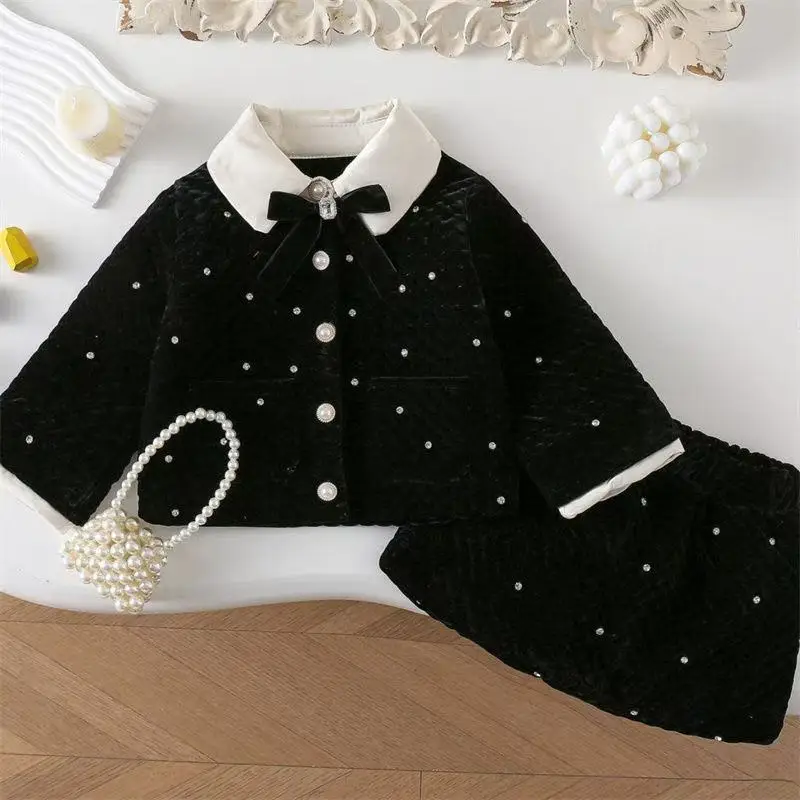 

Winter Infant Baby Girl 2PCS Clothes Set Knotbow Turn Down Collar Diamond Printed Jackets Elastic Waist Skirt Little Girl Outfit