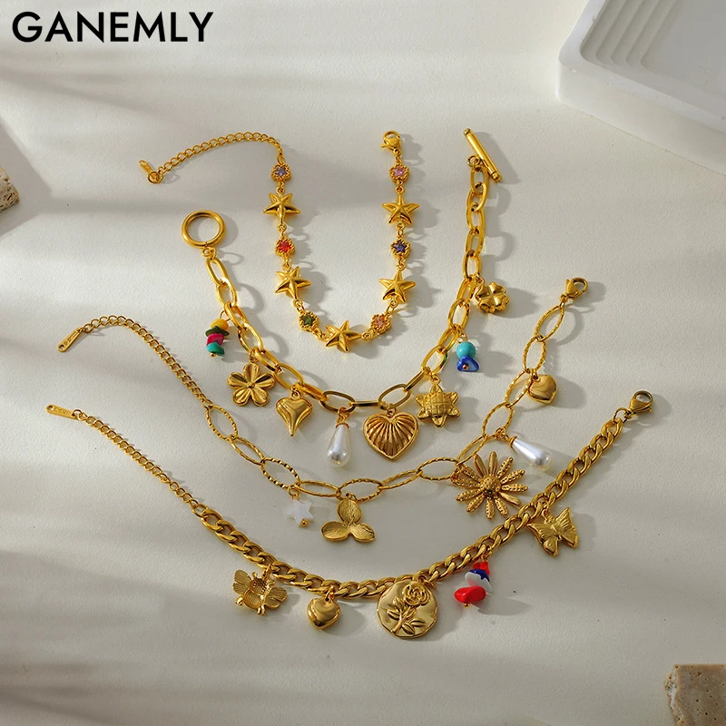 GANEMLY Damen-Armband aus Edelstahl mit bunten Anhängern, goldfarben, lichtbeständig, schlicht, modisch, Handkette, Schmuck für den Alltag