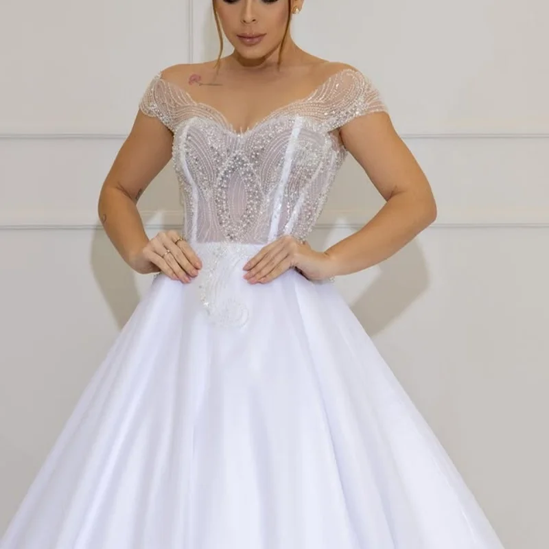 

simple white Appliques Wedding Dresses beading glitter decal off-shoulder Bridal Gowns multi-layer Made Customized