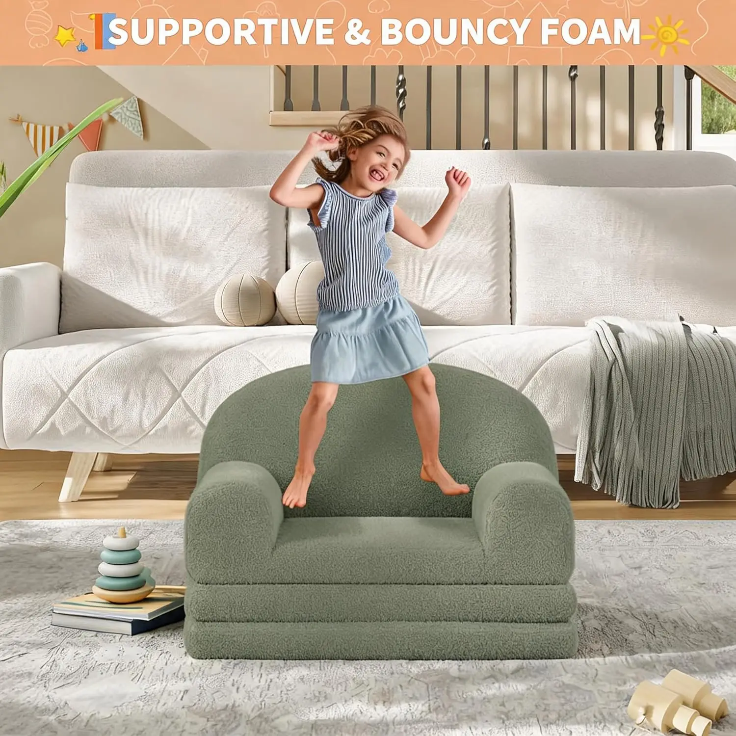 

Garvee 2-in-1 Kids Sofa and Lounge Chair, Foldable Semi-Circle Toddler Couch with Soft Teddy Fleece and Compressed Foam