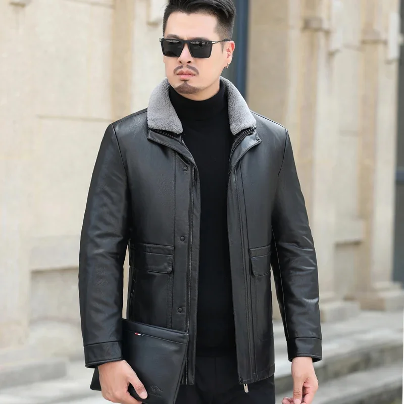 Winter YXL-189 Men's Home Leather Down Jacket Lapel Natural Sheepskin Liner Removable Middle-aged Dad Dress